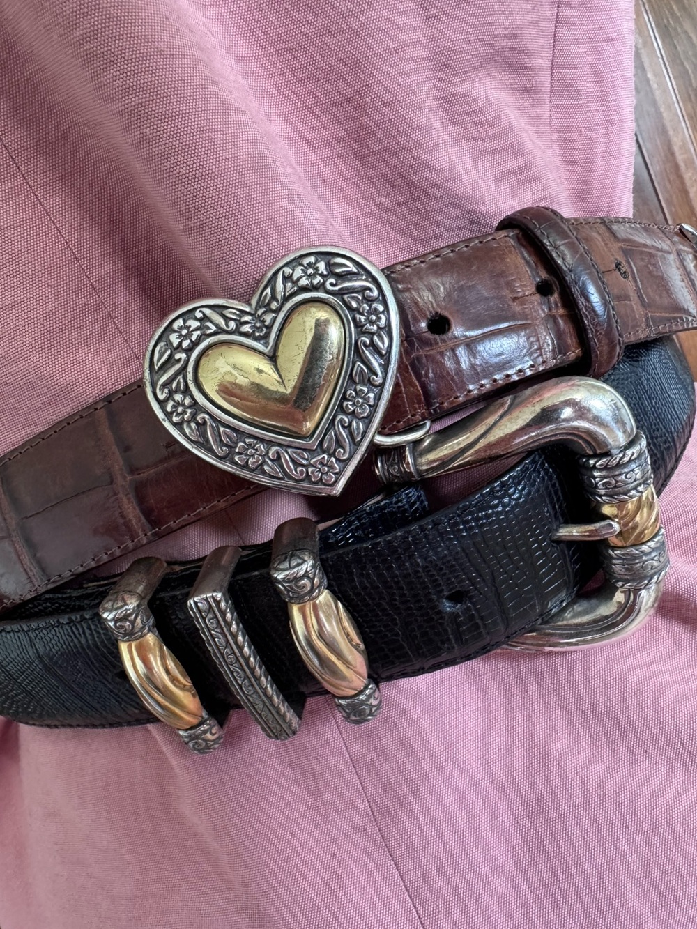 Vintage Brighton Leather Belt Bundle - Brown Croc Heart & Black Lizard Western M